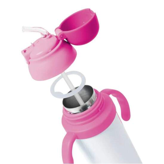 Garrafa Trmica em Ao Inox Branco com Pegador Infantil e Ala Corda Rosa para Sublimao - 330ml