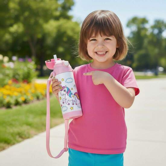 Garrafa Trmica em Ao Inox Branco com Pegador Infantil e Ala Corda Rosa para Sublimao - 330ml