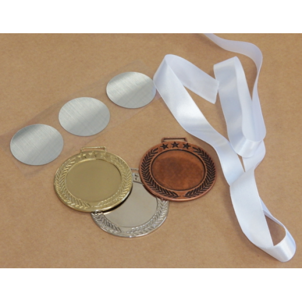 Kit 3 Medalhas Ouro, Prata e Bronze com Adesivo Escovado Sublimtico