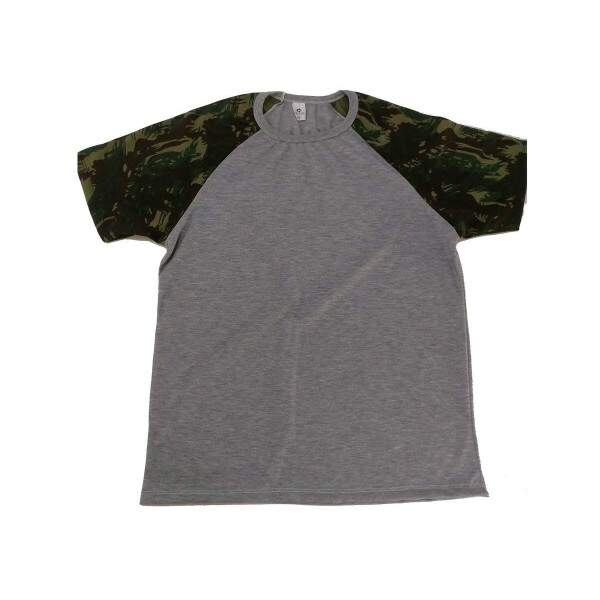 Camiseta Raglan de Polister Cinza Mescla com Manga Camuflada Infantil para Sublimao