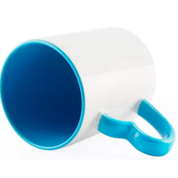 Caneca de Cermica Branca c/ Ala Corao e Interior Azul Claro para Sublimao - 325ml
