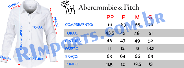 Medidas aproximadas das Camisa Social Abercrombie Medidas aproximadas da Camisa Abercrombie Feminina