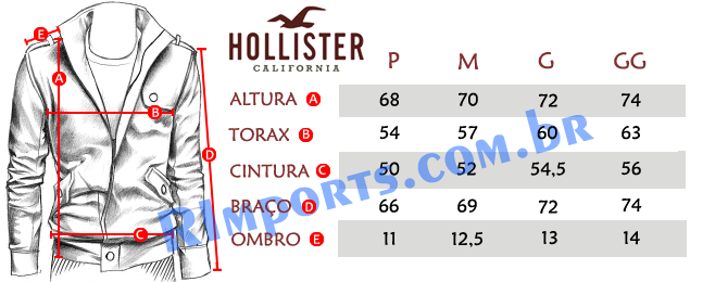 Medidas aproximadas das Jaquetas Hollister Masculina Medidas aproximadas das Jaquetas Hollister Masculina