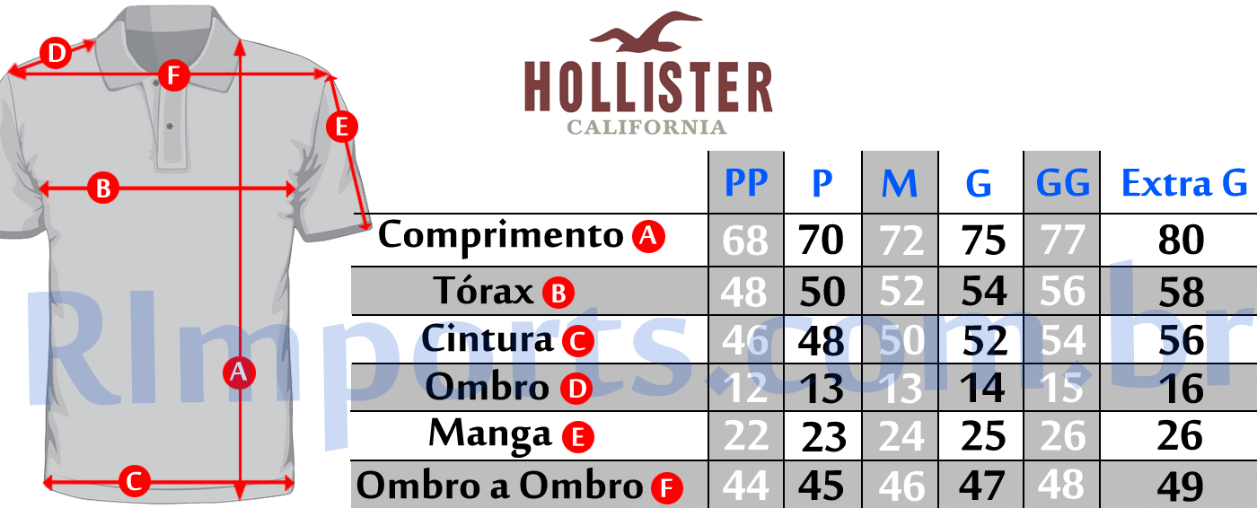Medidas aproximadas das Camisas Polo Hollister Medidas aproximadas das Camisas Polo Hollister ou Polo Hollister