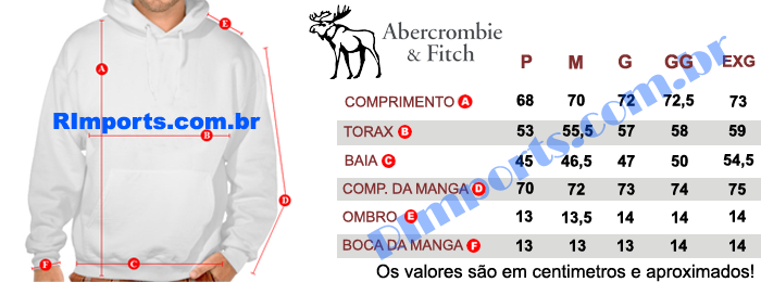 Medidas aproximadas das Moletons Abercrombie Masculino Medidas aproximadas das Moletom Abercrombie Masculino