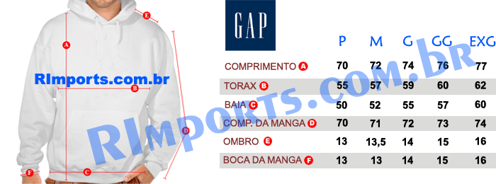 Medidas aproximadas das Moletons da Gap Masculino Medidas aproximadas das Moletom da Gap Masculino