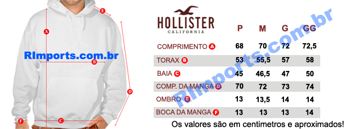Medidas aproximadas das Moletons Hollister Masculino Medidas aproximadas das Moletom Hollister Masculino