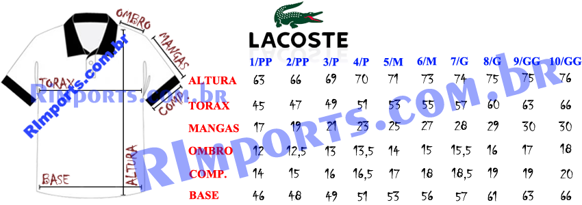 Medidas aproximadas das Camisas Polo Lacoste Medidas aproximadas das Camisas Lacoste ou Camisa Polo Lacoste