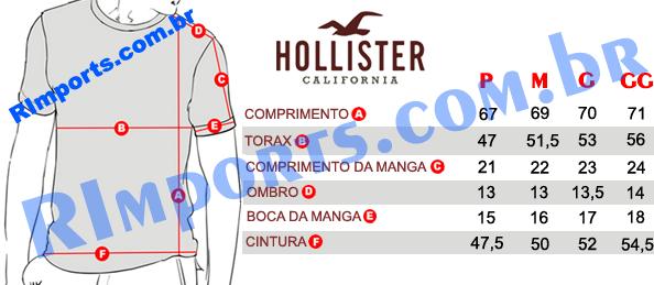Medidas aproximadas das Camisetas Hollister Masculina Medidas aproximadas da Camiseta Hollister Masculina ou Camiseta Hollister