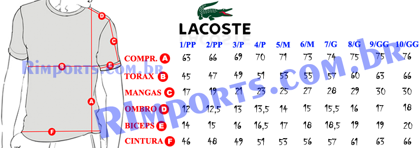 Medidas aproximadas das Camisetas Lacoste Masculina Medidas aproximadas da Camiseta Lacoste Masculina ou Camiseta Lacoste