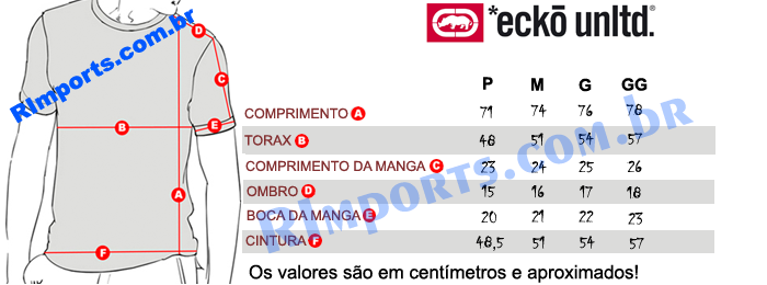 Medidas aproximadas das Camisetas Masculina Ecko Medidas aproximadas da Camiseta Ecko Masculina ou Camiseta Ecko