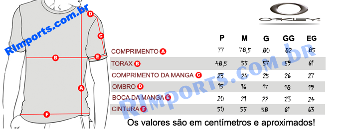 Medidas aproximadas das Camisetas Oakley Masculina Medidas aproximadas da Camiseta Oakley Masculina ou Camiseta Oakley