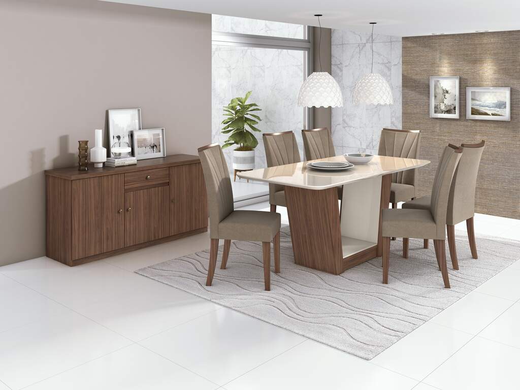 conjunto mesa sala de jantar apogeu plus imbuia off white com 6 cadeiras apogeu imbuia naturale