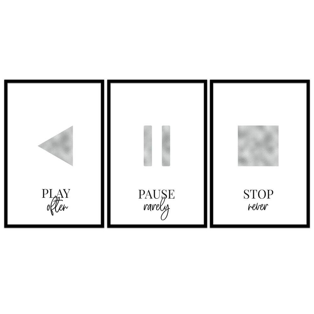 Quadro Decorativo Jogo Mosaico Frases Play Pause Stop Silver
