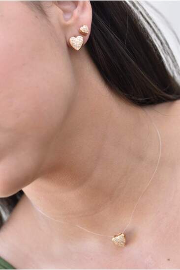Conjunto brinco e colar de nylon com corao dourado cravejado