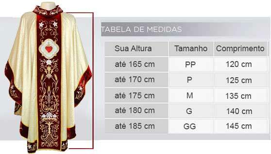 tabela de medidas da casula do sagrado coracao