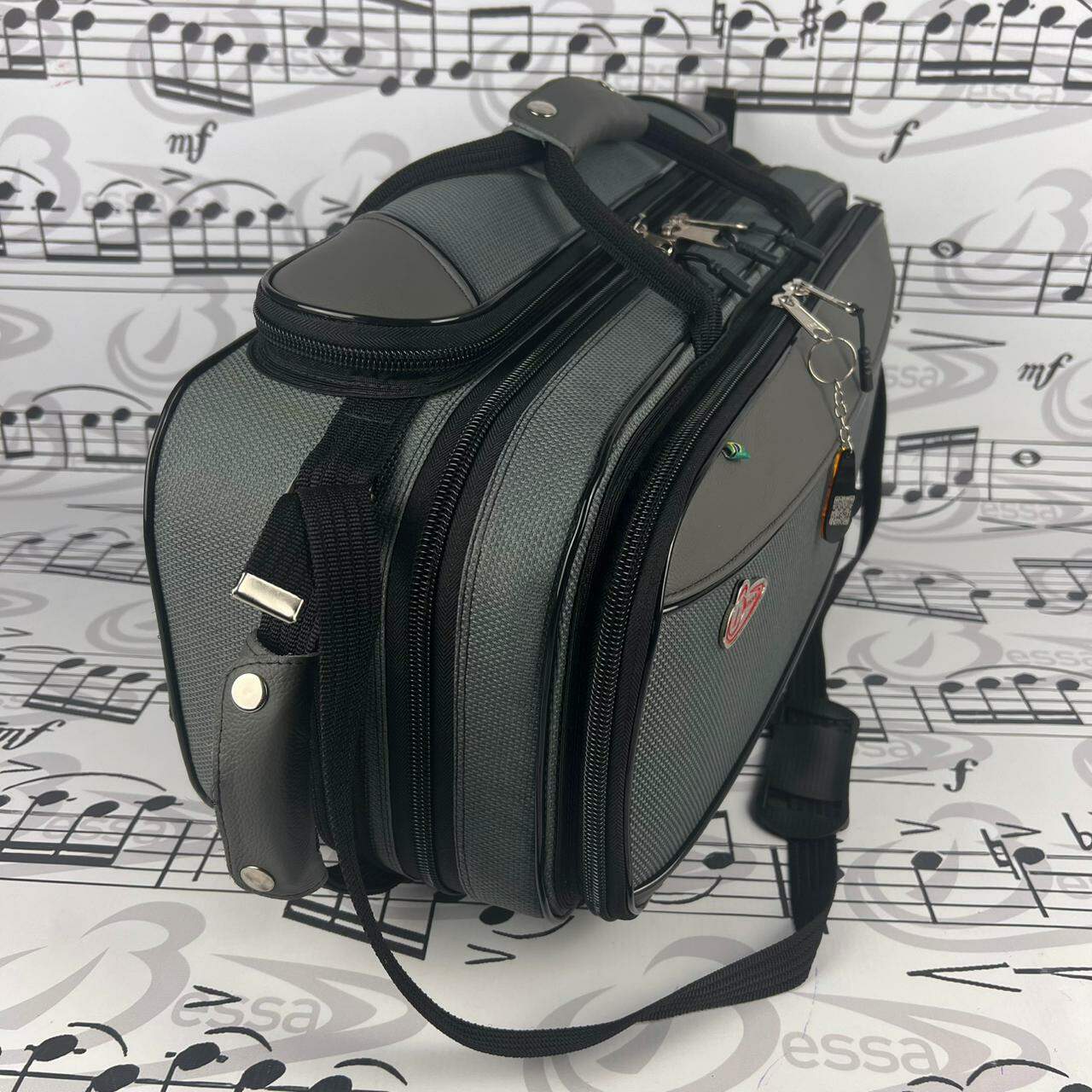 0297) Case para flugelhorn e trompete Nylon cinza Detalhes couro
