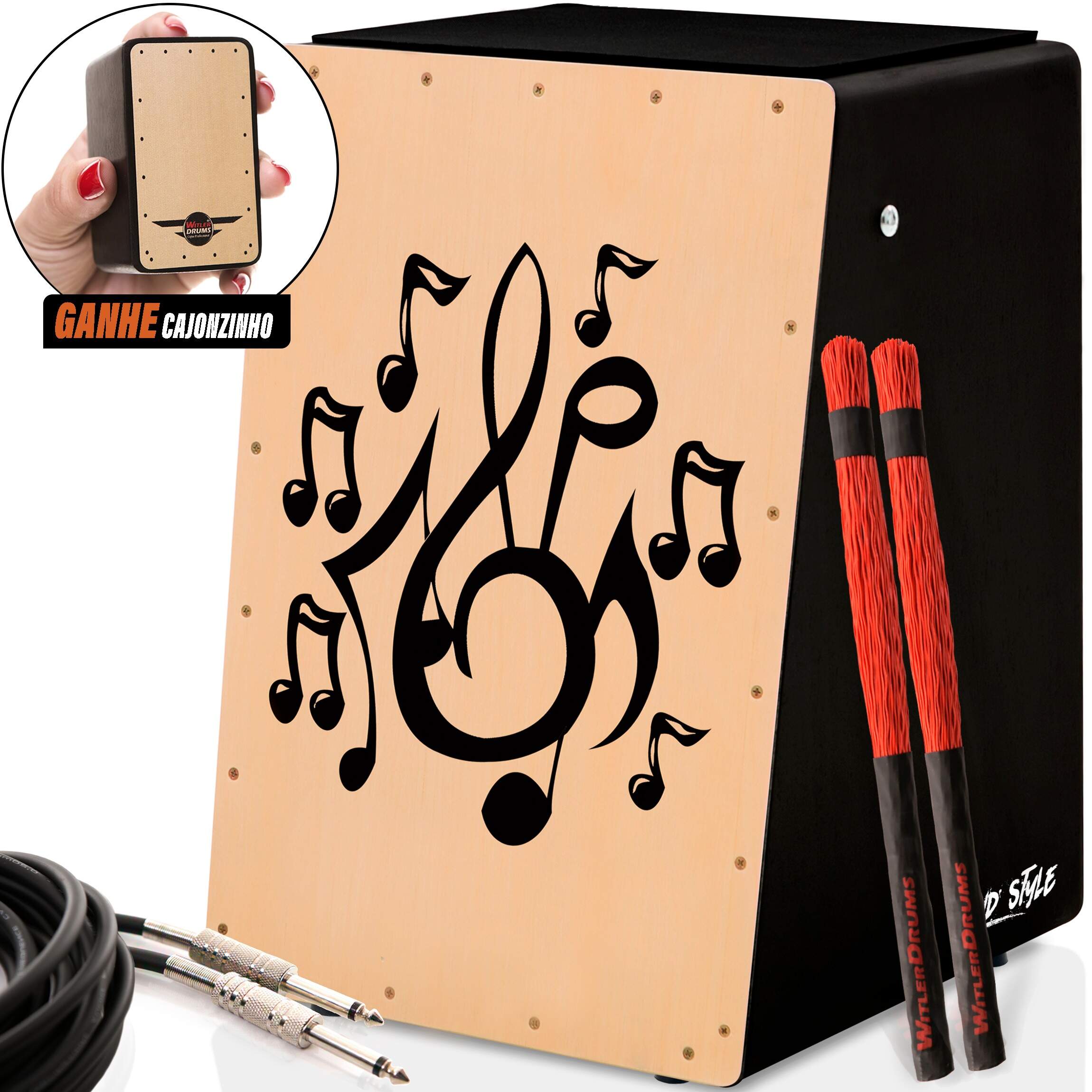 Cajón Wd Style Eletroacústico 02 Vassourinhas Cabo Cajonzinho