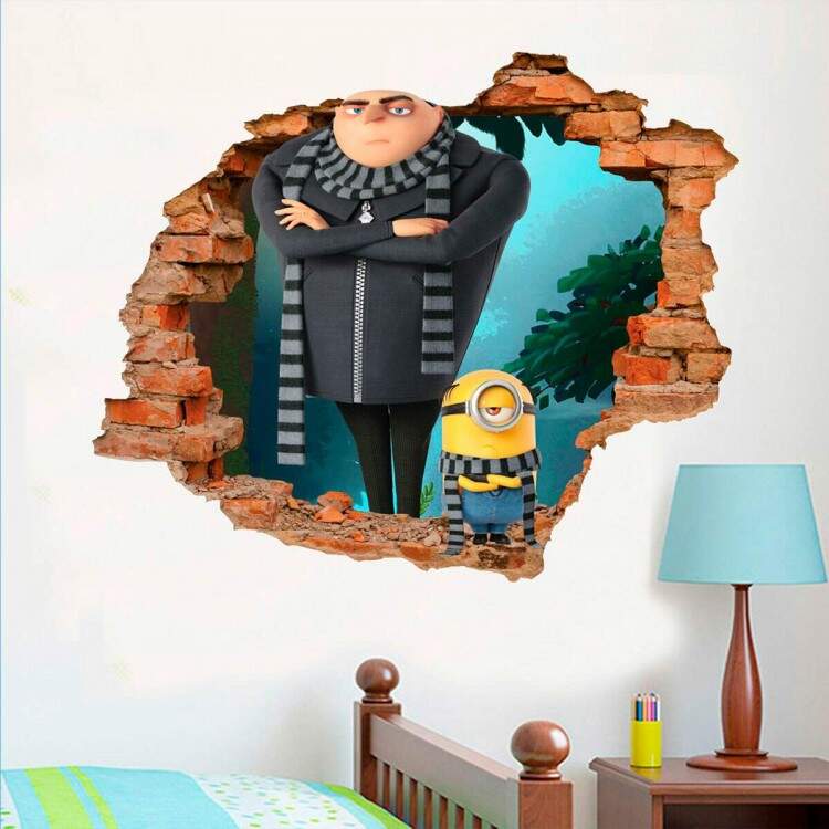 Adesivo de Parede Buraco Falso 3D Minion e Gru