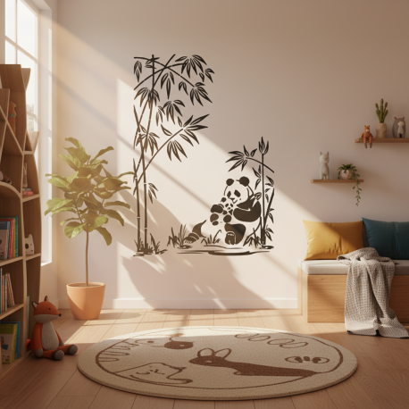 Adesivo de parede Urso panda com filhote e bambu