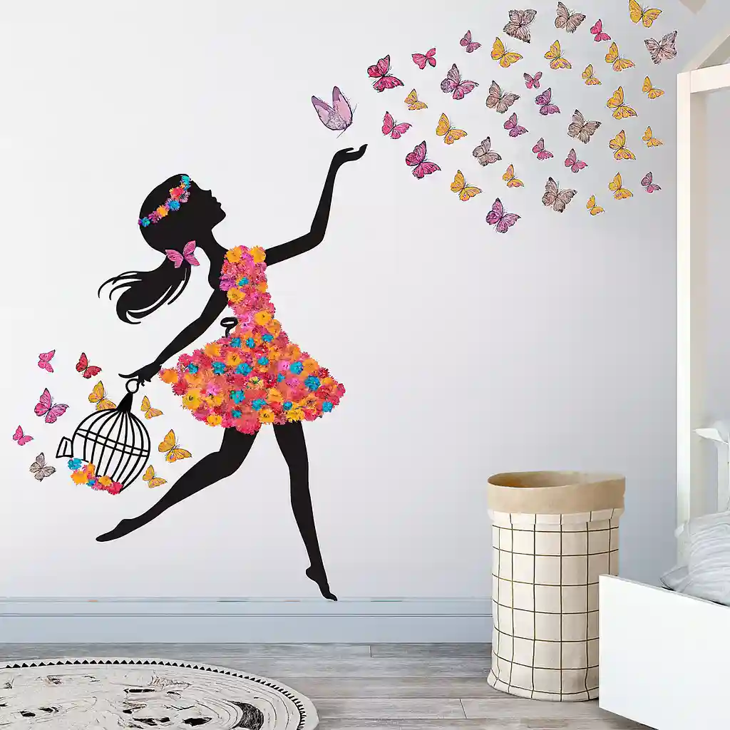 Adesivo de Parede Menina Com Gaiola de Borboletas e Flores