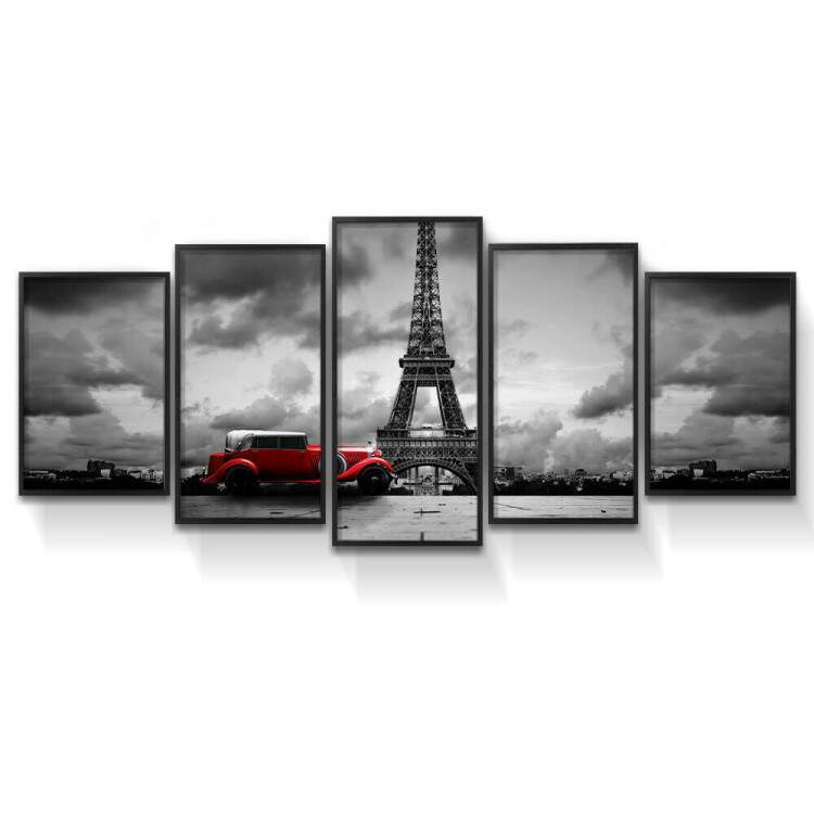 Kit 5 Quadros Decorativos Mosaico Paris Torre Eiffel e Carro Vermelho