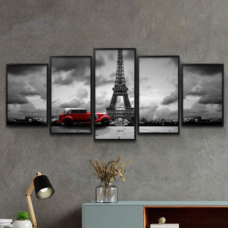 Kit 5 Quadros Decorativos Mosaico Paris Torre Eiffel e Carro Vermelho