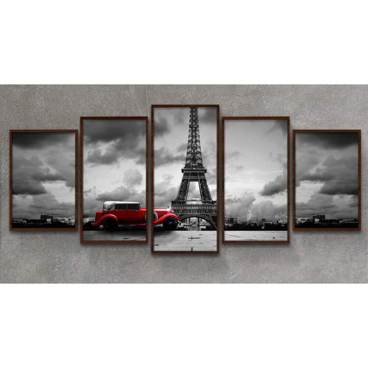 Kit 5 Quadros Decorativos Mosaico Paris Torre Eiffel e Carro Vermelho