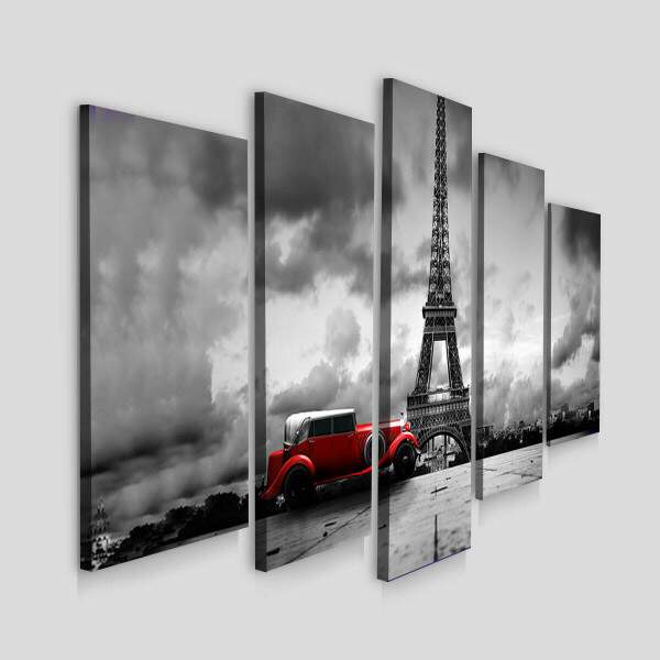 Kit 5 Quadros Decorativos Mosaico Paris Torre Eiffel e Carro Vermelho