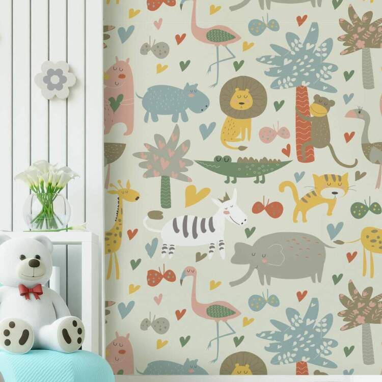 Papel de Parede Infantil Mod - 322 Safri Animais Coloridos