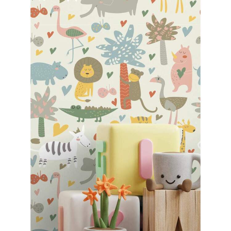 Papel de Parede Infantil Mod - 322 Safri Animais Coloridos