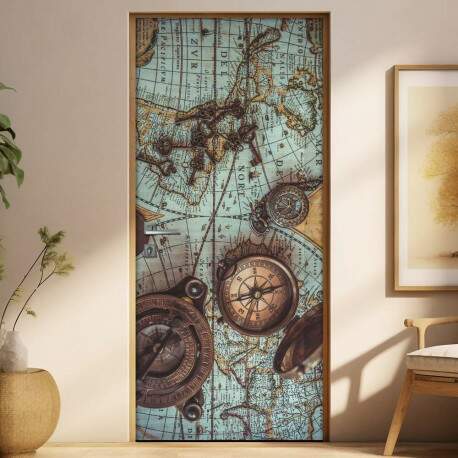 Adesivo Para Porta Retro Bssola E Mapa 02