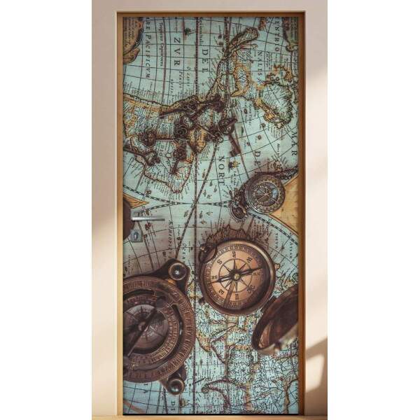 Adesivo Para Porta Retro Bssola E Mapa 02