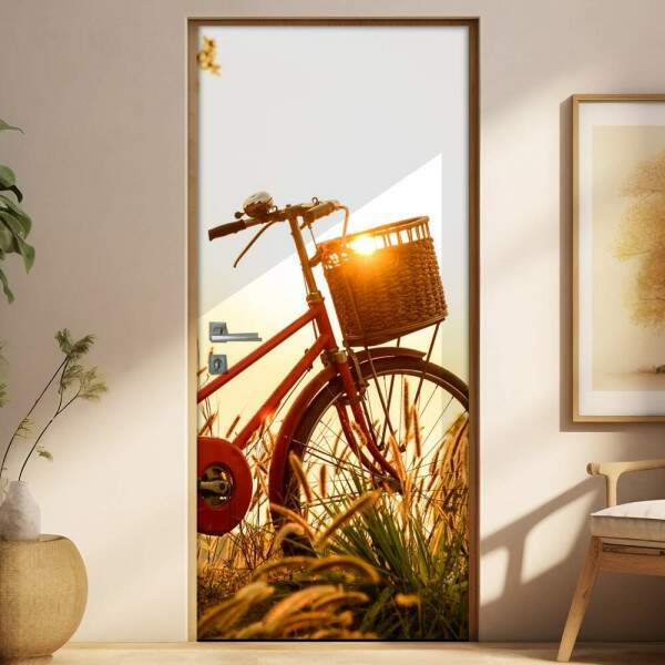 Adesivo para Porta Paisagem 20 Bicicleta com Cesta