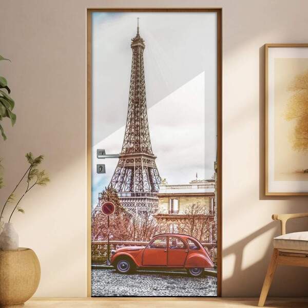 Adesivo para Porta Paisagem 47 Torre Eiffel com Fusca