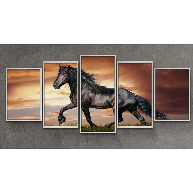 Kit 5 Quadros Decorativos Mosaico Animais Cavalo Preto 07