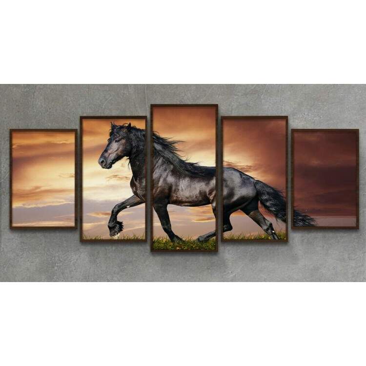 Kit 5 Quadros Decorativos Mosaico Animais Cavalo Preto 07