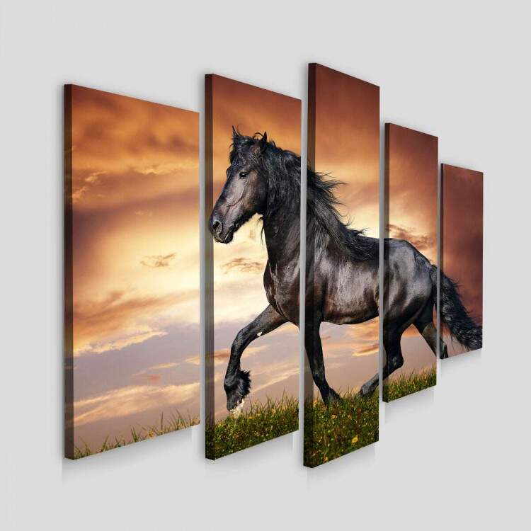 Kit 5 Quadros Decorativos Mosaico Animais Cavalo Preto 07