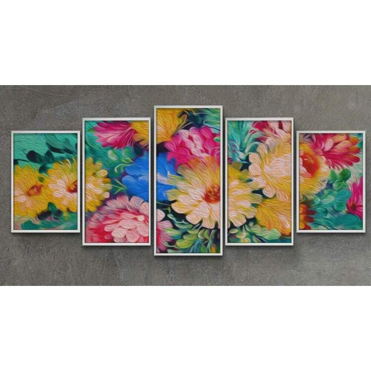 Kit 5 Quadros Decorativos Mosaico Florais Flores Coloridas 1