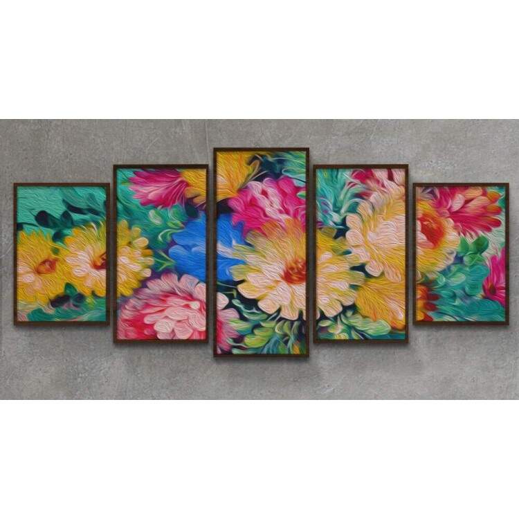 Kit 5 Quadros Decorativos Mosaico Florais Flores Coloridas 1