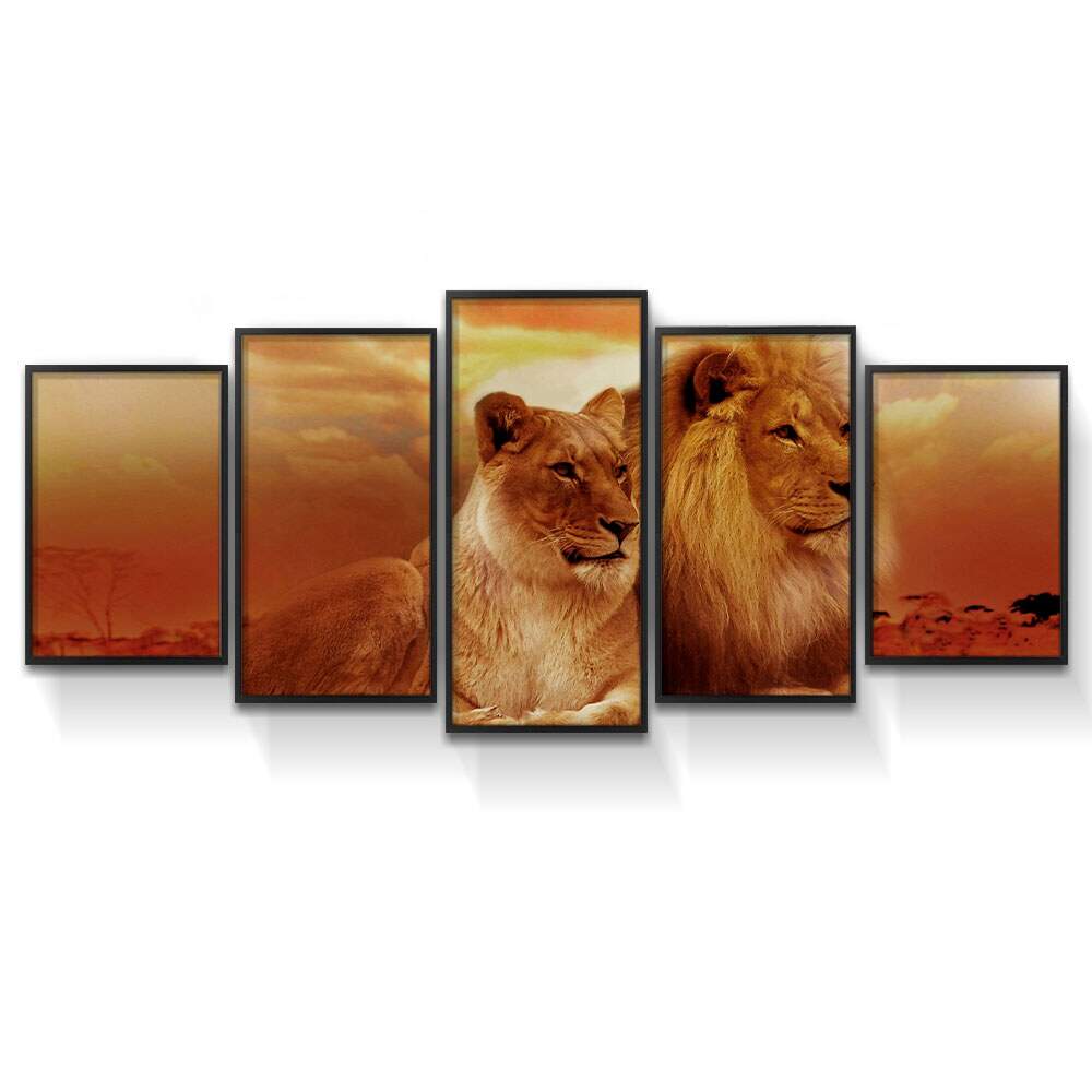 Kit 5 Quadros Decorativos Mosaico Le�o e Leoa