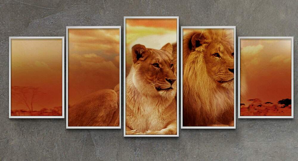 Kit 5 Quadros Decorativos Mosaico Le�o e Leoa