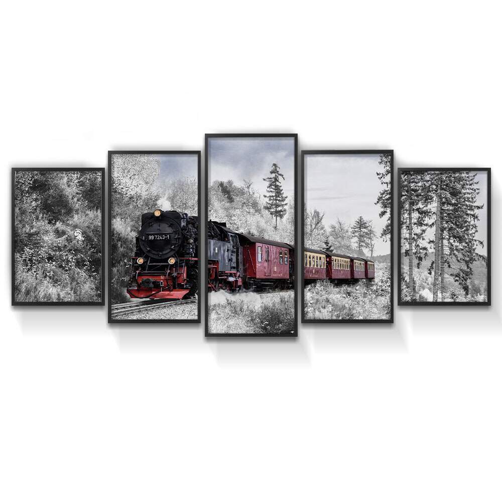 Kit 5 Quadros Decorativos Mosaico Locomotiva
