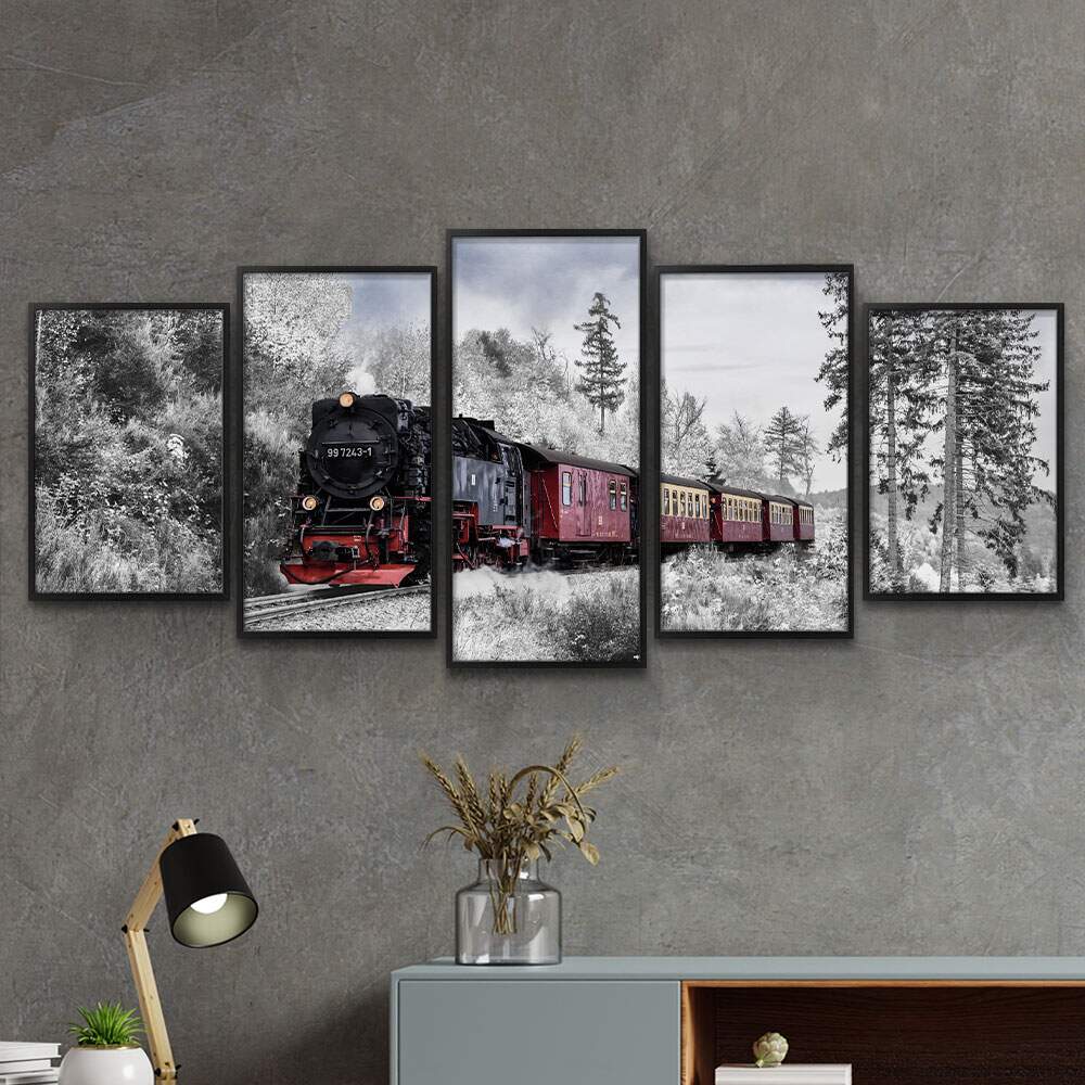 Kit 5 Quadros Decorativos Mosaico Locomotiva