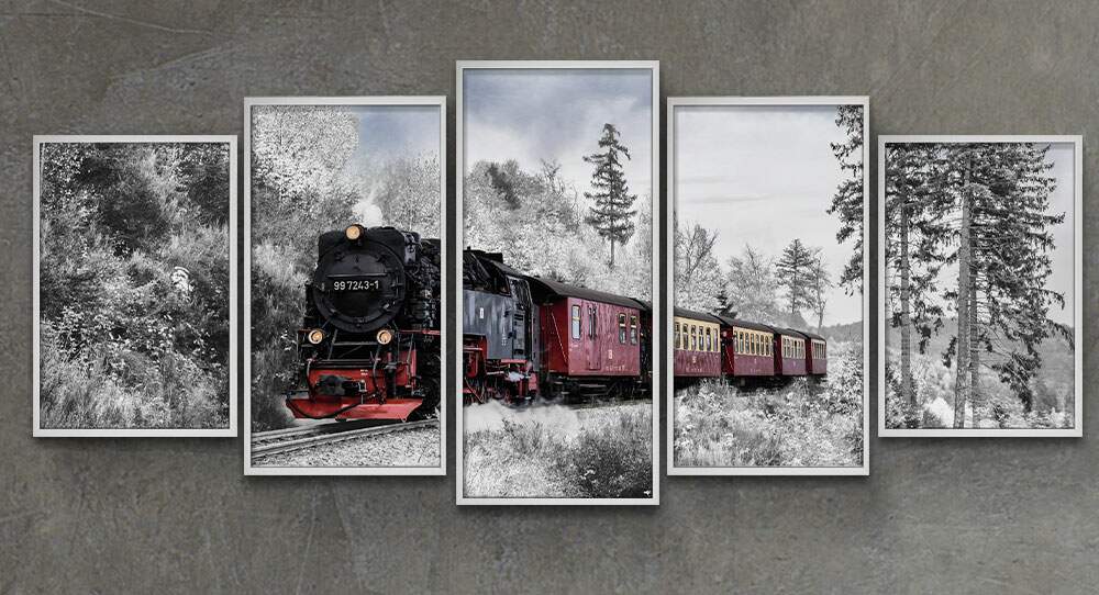 Kit 5 Quadros Decorativos Mosaico Locomotiva