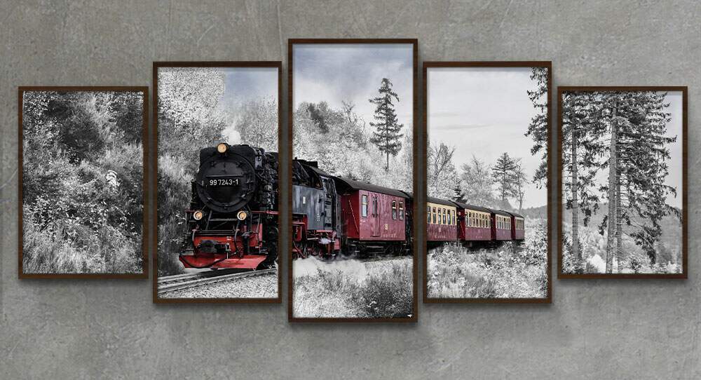 Kit 5 Quadros Decorativos Mosaico Locomotiva