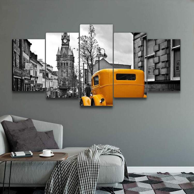 Kit 5 Quadros Decorativos Mosaico Carro Amarelo