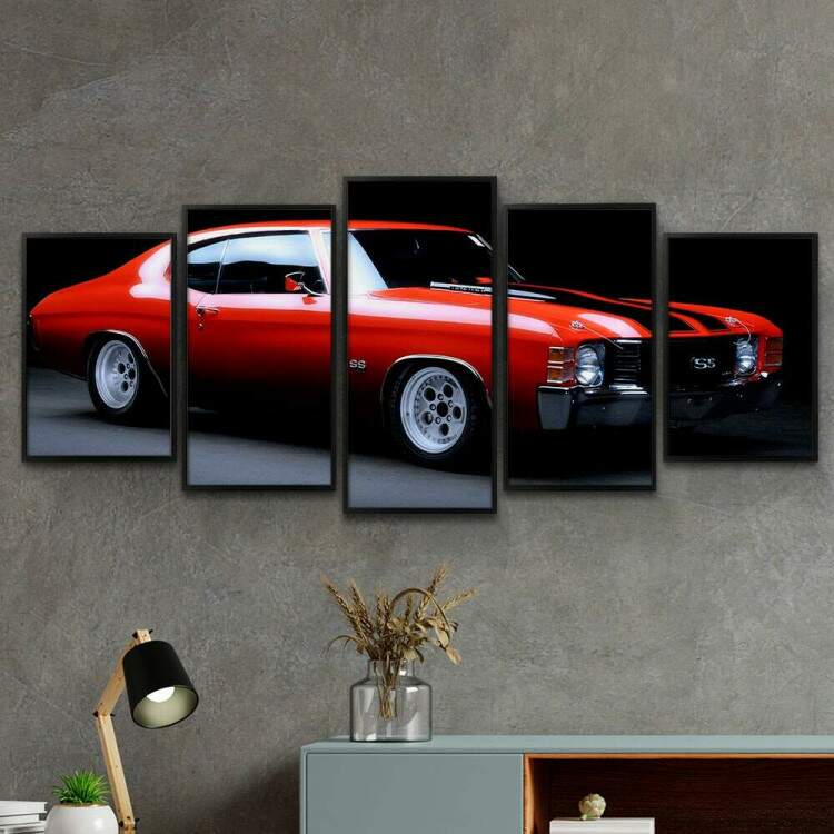 Kit 5 Quadros Decorativos Mosaico Carro Muscle Vermelho