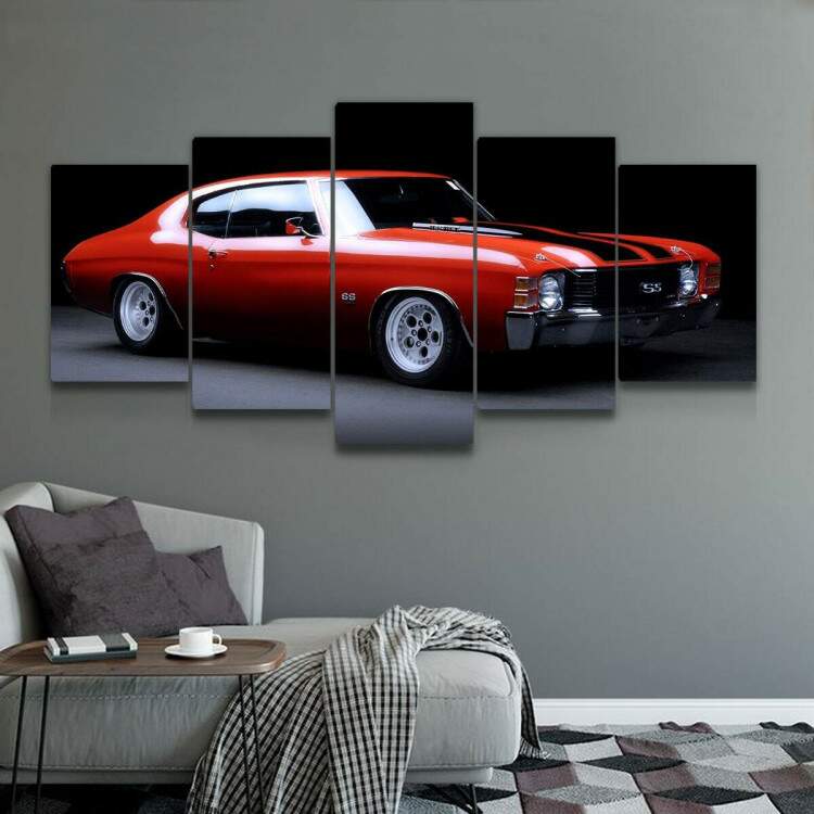 Kit 5 Quadros Decorativos Mosaico Carro Muscle Vermelho