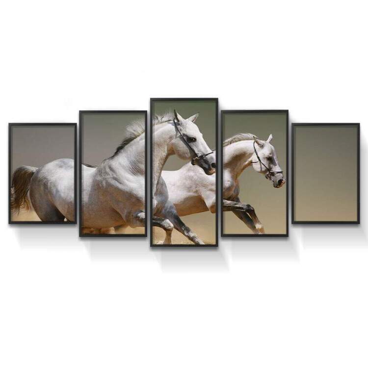 Kit 5 Quadros Decorativos Mosaico Cavalos Brancos Correndo 02